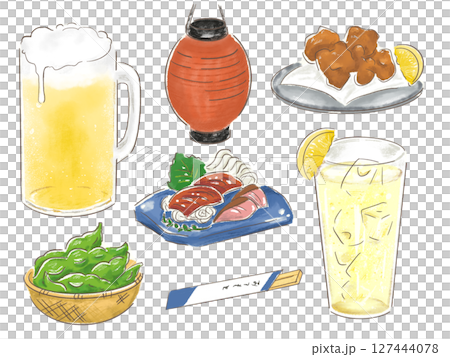 手繪各類酒類及小吃的圖解集 手繪各類酒類及小吃的圖解集 127444078