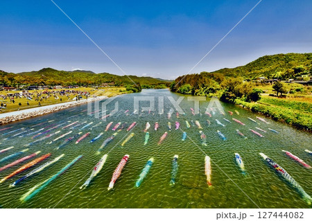 川を泳ぐたくさんの鯉のぼり 127444082