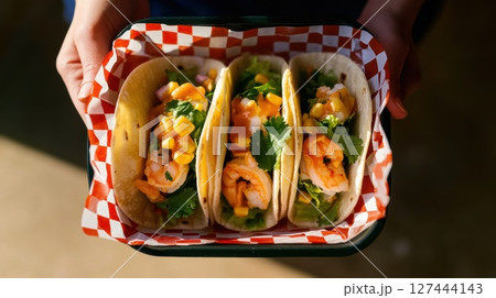 Vibrant shrimp tacos with corn and lettuce served in checkered tray, capturing fresh street food, casual presentation, and handheld gourmet appeal 127444143