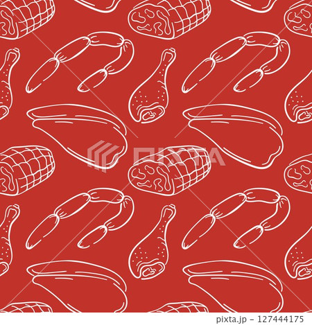 Seamless meat pattern with line art sausage, drumsticks, chicken fillet and ham on red background. Perfect for packaging butcher shop, menu or culinary design. 127444175
