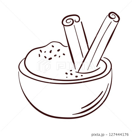 Bowl filled with cinnamon powder and stick in line art style isolated on white background. Perfect for spice, herb, cooking and kitchen ingredient design. 127444176
