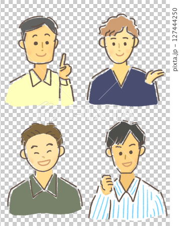 一組不同類型的微笑男人、上身、人物插圖 一組不同類型的微笑男人、上身、人物插圖 127444250