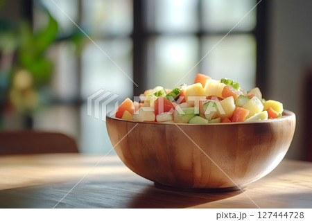 Wooden bowl brimming with refreshing summer fruit salad on table 127444728