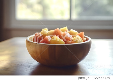 Wooden bowl overflowing with refreshing watermelon and cantaloupe on table Wooden bowl overflowing with refreshing watermelon and cantaloupe on table 127444729