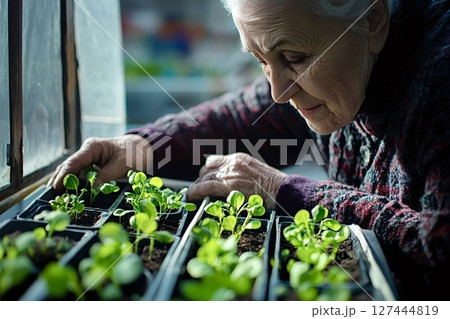 Senior woman taking care of seedlings on window sill 127444819