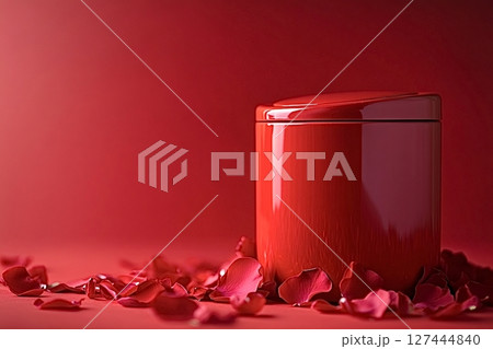 Red jar with rose petals on red background representing love and romance 127444840