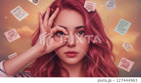 手で覗き穴を作る女性 127444963