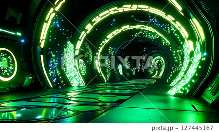 A futuristic tunnel with green lights in the middle of it 127445167
