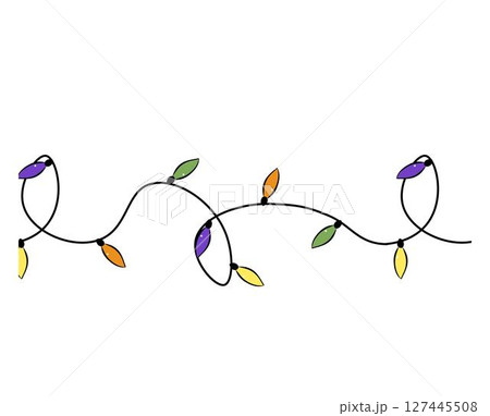 Bright garlands Seamless horizontal border. Vector graphic line ink illustration. Christmas lights for holiday illustrations. Festive Christmas gold garlands, dust, glitter and star. 127445508