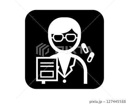 白衣を着た薬剤師のシンプルな四角いモノクロ白抜きイラストアイコン 白衣を着た薬剤師のシンプルな四角いモノクロ白抜きイラストアイコン 127445588