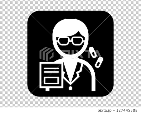 白衣を着た薬剤師のシンプルな四角いモノクロ白抜きイラストアイコン 白衣を着た薬剤師のシンプルな四角いモノクロ白抜きイラストアイコン 127445588