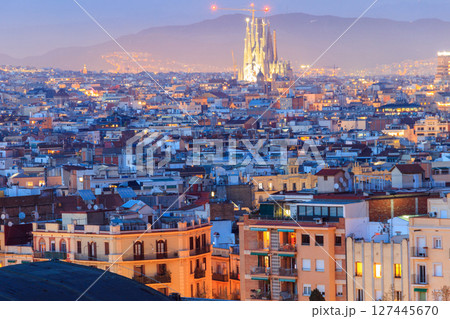 The skyline of Barcelona with the famous Sagrada Familia at night, Spain The skyline of Barcelona with the famous Sagrada Familia at night, Spain 127445670