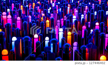 A large group of colorful lights in a dark room 127446402