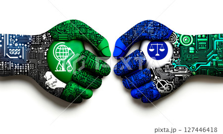 Two hands shaking hands with a circuit board in the middle 127446418