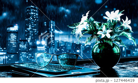 A vase of flowers sitting on top of a desk next to a laptop computer 127446419