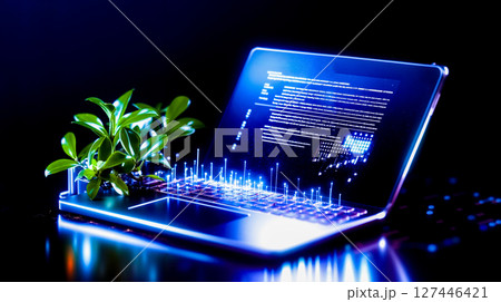 A laptop computer sitting on top of a desk next to a plant 127446421