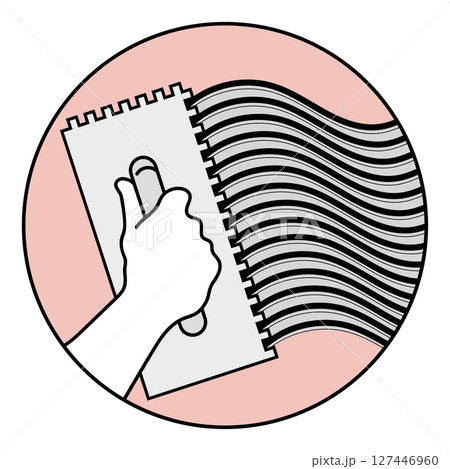 Notched trowel in hand applies waves of plaster glue symbol Notched trowel in hand applies waves of plaster glue symbol 127446960