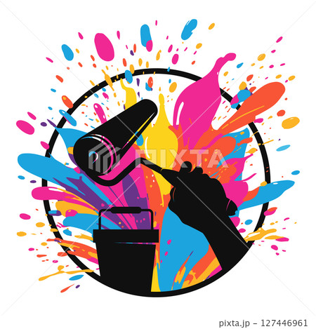 Paint roller in hand and colored paint splashes design Paint roller in hand and colored paint splashes design 127446961