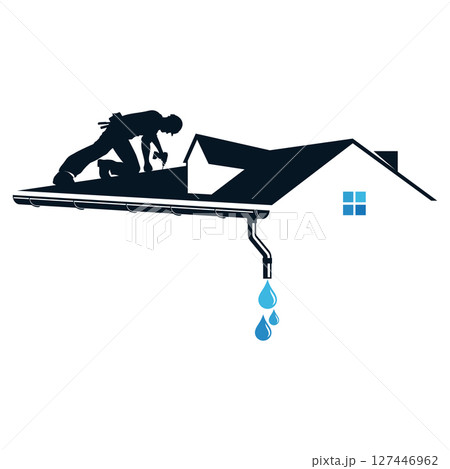 Roofer silhouette with tool on house roof, repair and service sign 127446962