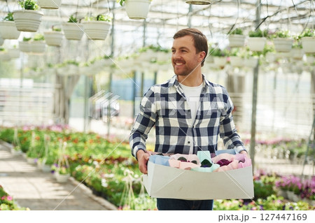 With paper box with stuff. Florist man working in garden center. Successful employee is in a bright greenhouse With paper box with stuff. Florist man working in garden center. Successful employee is in a bright greenhouse 127447169