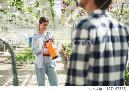 Florist man and woman are working together in bright greenhouse 127447288