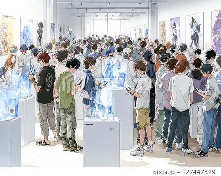 NFTアート展を鑑賞する若者たちのイラスト素材 127447319