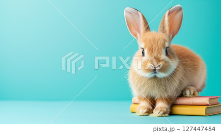 Red rabbit sitting on books, blue banner with copyspace 127447484