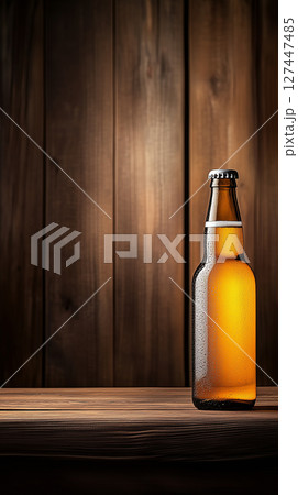 Chilled beer bottle on rustic wooden table for beverage branding or advertising design Chilled beer bottle on rustic wooden table for beverage branding or advertising design 127447485