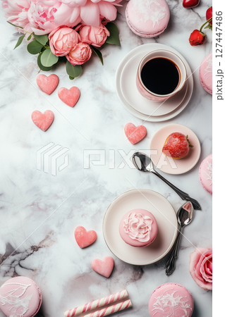 Sweet table setting with flowers and desserts for a special occasion. Vertical Valentine's Day greeting card, invitation, or banner 127447486