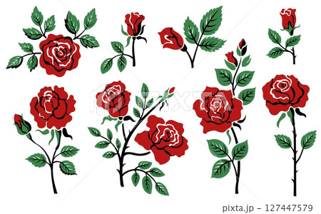Red rose tattoo. Floral blossom silhouette with leaves, romantic roses flower icons for love and wedding design, simple rose bloom elements. Vector tattoos isolated set 127447579