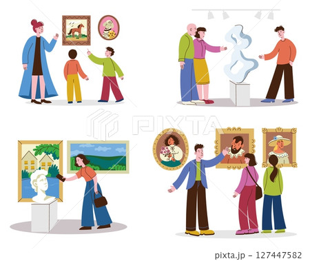 People at exhibition. Visitors and artists at gallery with art showcase, creative painting installation, museum or art gallery interior. Vector illustration People at exhibition. Visitors and artists at gallery with art showcase, creative painting installation, museum or art gallery interior. Vector illustration 127447582