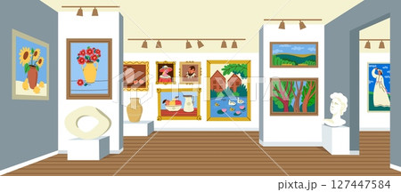 Art gallery interior. Museum exhibition with classical paintings and contemporary sculpture, cartoon cultural complex background. Vector illustration 127447584