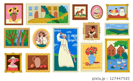 Framed painting. Gallery art pictures portraits still life landscape, artistic portrait of people in vintage frames, exhibition on gallery wall, fine art collection. Vector set 127447585