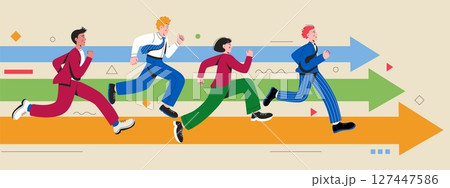 Businessman running concept. Business competition and career success challenge metaphor with corporate worker racing to goal and success, business runners. Vector illustration Businessman running concept. Business competition and career success challenge metaphor with corporate worker racing to goal and success, business runners. Vector illustration 127447586