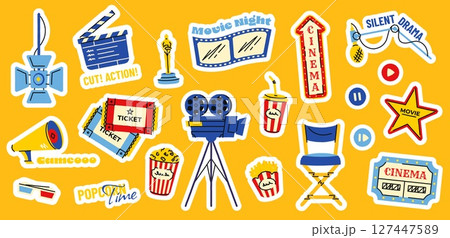 Movie stickers. Cartoon cinema elements with film tape popcorn camera cinema chair clapperboard, cinematography stickers for your design. Vector isolated set Movie stickers. Cartoon cinema elements with film tape popcorn camera cinema chair clapperboard, cinematography stickers for your design. Vector isolated set 127447589