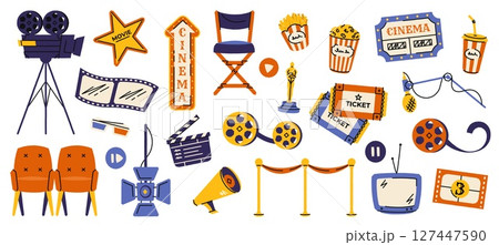 Cinema elements. Movie festival banner with film reel clapper board projector, cartoon cinematography equipment, movie TV cinema icons. Vector set 127447590