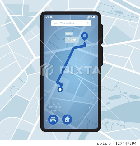 Phone navigator map. Smartphone GPS application with city map, location tracking and route navigation UI. Vector mobile device with mapping software Phone navigator map. Smartphone GPS application with city map, location tracking and route navigation UI. Vector mobile device with mapping software 127447594
