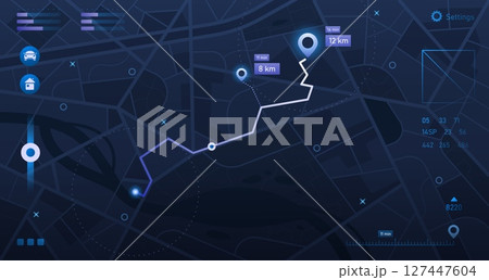 Map navigation interface. Mobile app dashboard with city map and street plan, location tracking, route GPS navigation and statistics. Vector roadmap tracker concept 127447604