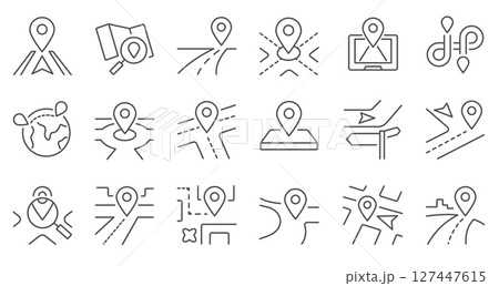 Route line icon. Path with location pointers, routes and directions navigation map with GPS markers, travel journey and trip street way. Vector route isolated set 127447615