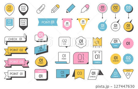 List point element. Minimalistic title frame, abstract simple decorative bullet list elements, basic geometric banners with ribbon shapes and colors Vector collection 127447630