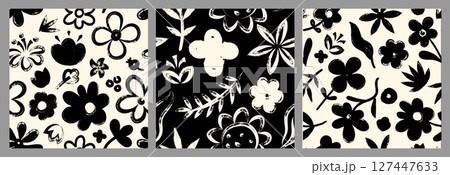 Floral brush pattern. Abstract flower seamless print with leaves, spring blossom botanical background for fabric textile design. Vector flowers texture set 127447633