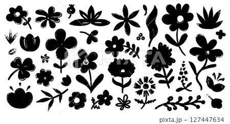 Brush stroke flower. Abstract floral silhouettes with paint brush strokes, monochrome blossom bouquet leaves stems grunge stencil art. Vector floristic isolated set 127447634