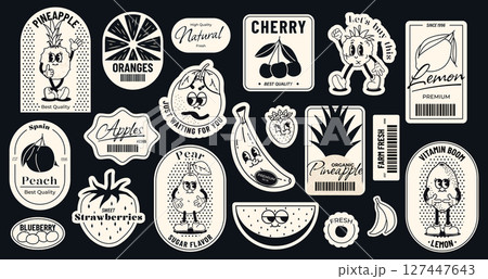 Retro cartoon food emblem. Fruit vintage comic stickers with funny faces, apple lemon banana orange raspberry mascot label. Vector foods and fruits comic characters set Retro cartoon food emblem. Fruit vintage comic stickers with funny faces, apple lemon banana orange raspberry mascot label. Vector foods and fruits comic characters set 127447643