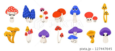 Mushrooms character. Cute kawaii forest fungi with funny faces, cartoon autumn edible and poisoning mushroom plant characters with emotions. Vector isolated shrooms fungus set 127447645