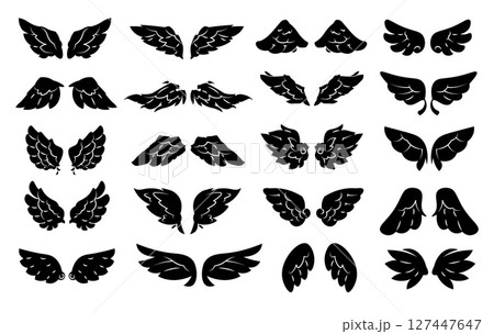 Wings black icon. Angel wing silhouette, abstract bird winged logo, simple decorative heather hawk angels phoenix wing symbols. Vector isolated emblem set 127447647