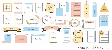 Simple memo. Paper note frame pages with titles, cute sticky notes paper with lined and crossed borders for writing. Vector note page sticker set 127447667