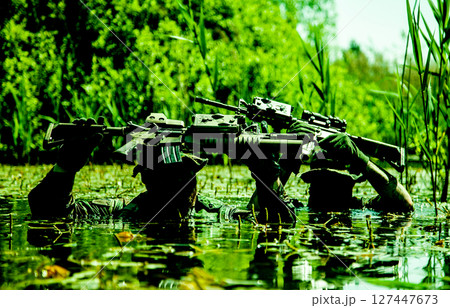 Two soldiers in camouflage gear and helmets wade through swamp water holding rifles with attached scopes, surrounded by tall grass. 127447673