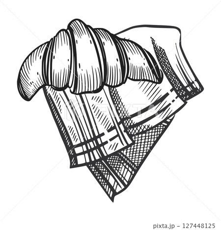 Fresh croissant on a cloth napkin, homemade cakes. All objects are hand-drawn in vector. The illustration is suitable for printing on the menus of pastry shops and bakeries, on food packaging. 127448125