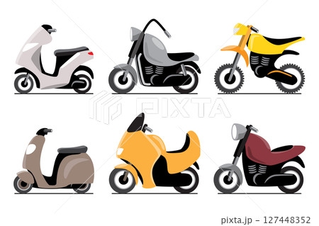 Motorcycle vehicles cartoon illustration . Flat design . Isolate on white background . Set 3 of 3 . Vector . Motorcycle vehicles cartoon illustration . Flat design . Isolate on white background . Set 3 of 3 . Vector . 127448352