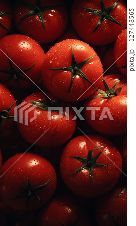 Top View of Fresh Tomatoes in a Cinematic Realistic Style with Rich Colors and Detail 127448565
